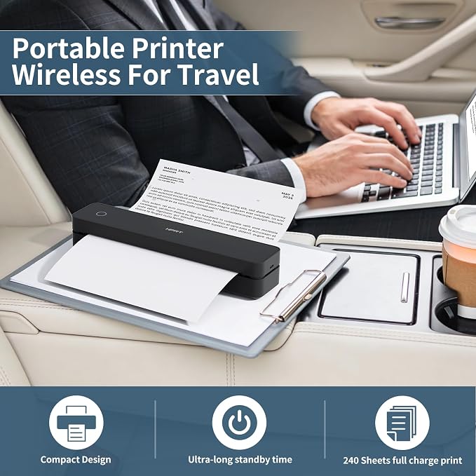 HPRT Inkless Portable Printer Wireless for Travel,Thermal Printer Supports 8.5" x 11" US Letter&A4&A5,Compatible with iOS,Android, Laptop, MT610 Pro,300 DPI,Black