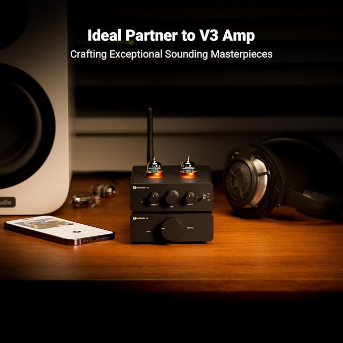 Fosi Audio P3 Tube Preamp Headphone Amplifier Home Audio Preamplifier Mini Vacuum Pre Amp Receiver with Bluetooth aptX LL HD Bass Treble Tone Controls for HiFi Stereo Active Speakers with RCA AUX Jack