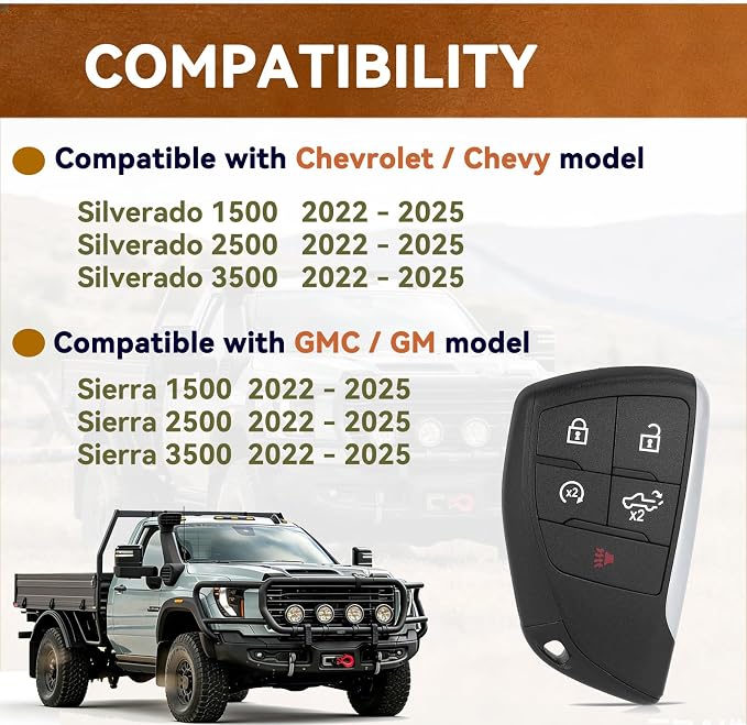 Smart Car Key Fob Replacement for GMC Sierra 1500 2500 3500 Chevy Silverado Truck 2022 2023 2024 2025 Keyless Entry Remote Control 433Mhz YG0G21TB2 13548440 13548437 2PCS ﻿