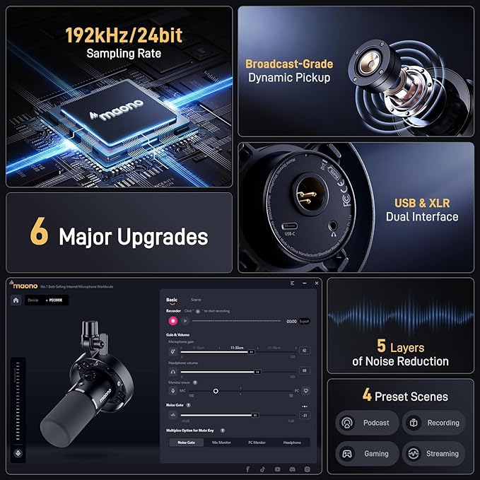 MAONO Podcast Equipment Bundle-XLR USB Podcast Recording Mic kit(PD300XT+E2 Gen2+XLR-180)