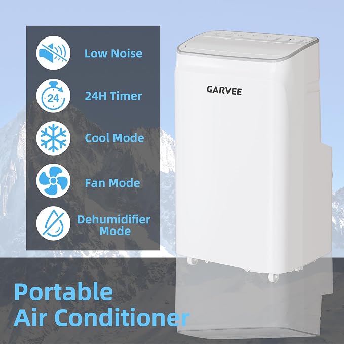 12000 BTU Portable Air Conditioner with White Body and Black Top Cover, Cooling, Dehumidifying & Fan Functions, Perfect for Large Rooms, Quiet Operation, 24-Hour Timer & Energy Saving