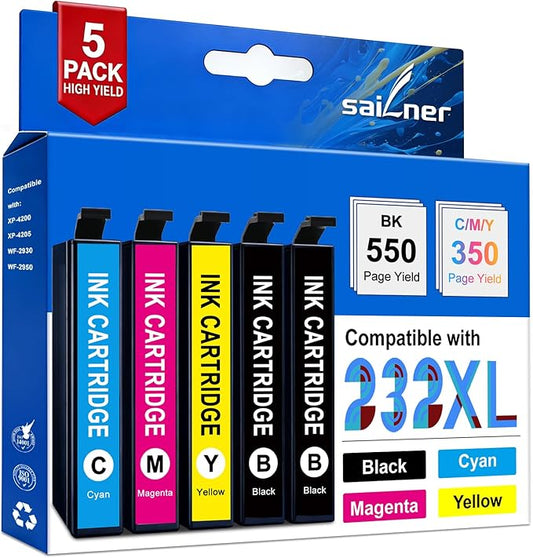 SAILNER Remanufactured Ink Cartridge Replacement for Epson 232 232XL Ink Cartridges Combo Pack With Latest Upgrade Chip Work for Epson Expression XP-4200 XP-4205 WorkForce WF-2930 WF-2950 5-Pack BKCMY