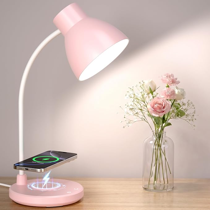Desk Lamps for Home Office - LED Desk Lamp with Wireless Charger, 3 Color Modes Dimmable Eye-Caring Study Reading Desk Light, Small Flexible Arm Table Lamp for College Dorm Room Bedside, Pink