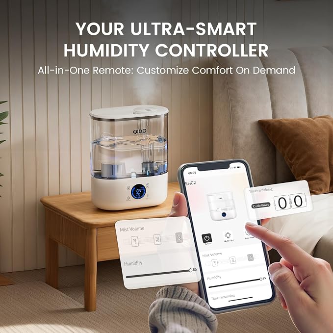 QIDO Top Fill Humidifiers for Bedroom, 5 L Cool Mist 36H Super Long Time, Quiet 28dB Essential Oil Diffuser for Baby & Plants, 3 Adjustable Mist with Touch/APP/7-color Nightlight, Auto Shut-off, White