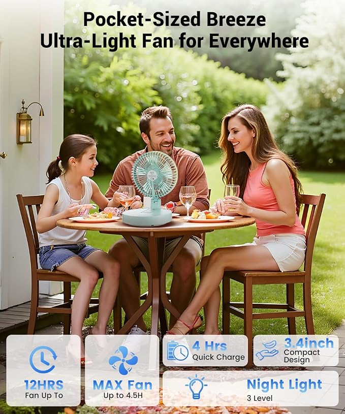 Geek Aire Foldable Battery Operated Fan, Portable Rechargeable USB Floor Table Fan with LED Light, Quiet Oscillating Pedestal Fans that Blow Cold Air for Bedroom Office Camping Travel - Green