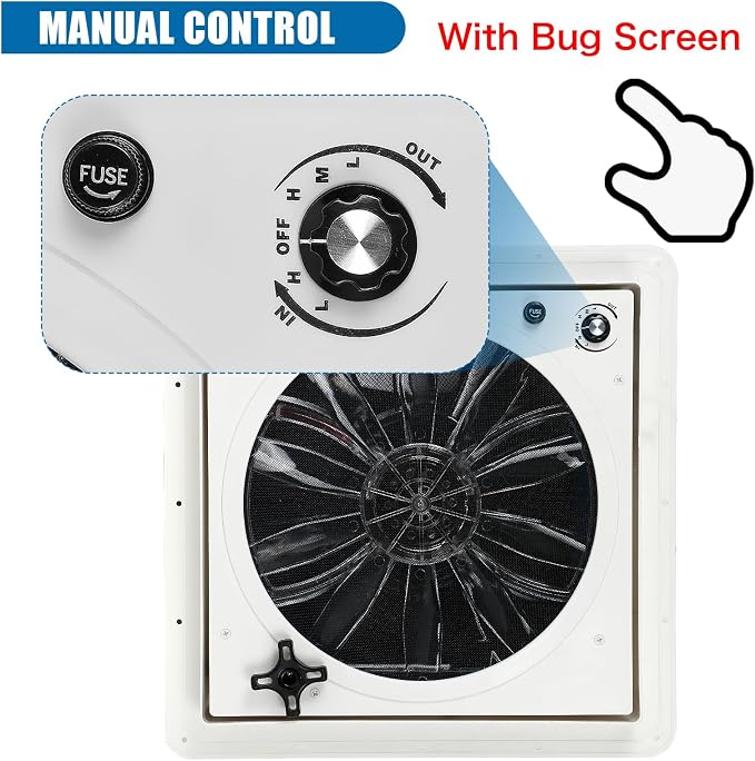 RV Roof Vent Fan with LED Light, 12V DC 14" Super Quiet Reliable Manual RV Roof Fan, 3-Speed, Reversible