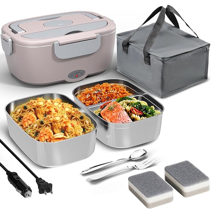Sitlais Electric Lunch Box for Adults - 80W Fast Heated Lunch Box for Men&Women with Dual 1.5L Stainless Steel Containers Fast Heating Portable Food Warmer for Car&Truck lonchera eléctrica portátil