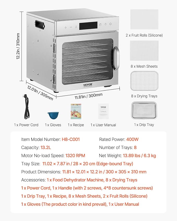 VEVOR Food Dehydrator Machine, 8 Stainless Steel Trays, 400W Electric Food Dryer with Adjustable Temperature & 24-Hour Timer, Food Dehydrator for Jerky, Meat, Fruit, Vegetables, Herbs, Dog Treats