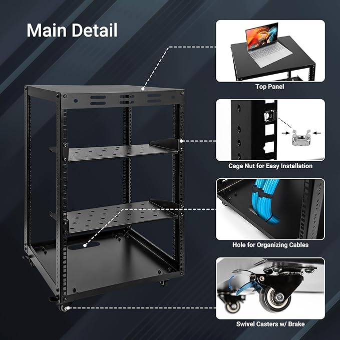 15U Open Frame Server Rack, Wall-mountable IT Rack w/Swivel Casters, 2 Rack Shelves, Top & Bottom Panels, Network Rack for Stereo/Computer/Data/IT/AV Equipment, 19.7”L x 18.8”W x 32.3”H