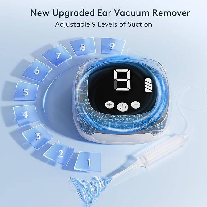 Ear Vacuum Wax Removal Kit, 9 Adjustable Strong Suction Levels Electric Ear Wax Vacuum Cleaner, Reusable Ear Suction Device for Adults Kids Home & Travel