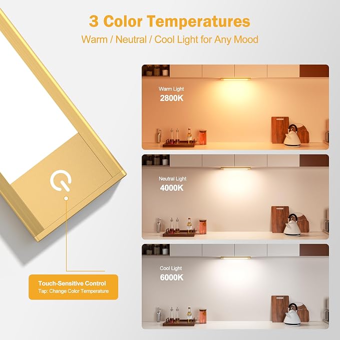 V4light Under Cabinet Light, Rechargeable Magnetic LED Bar with 1800mAh, Gold Aluminum Motion Sensor Lighting Indoor, Dimmable 3 Color Temperatures for Kitchen, Closet, Shelf & Stair (9 in)