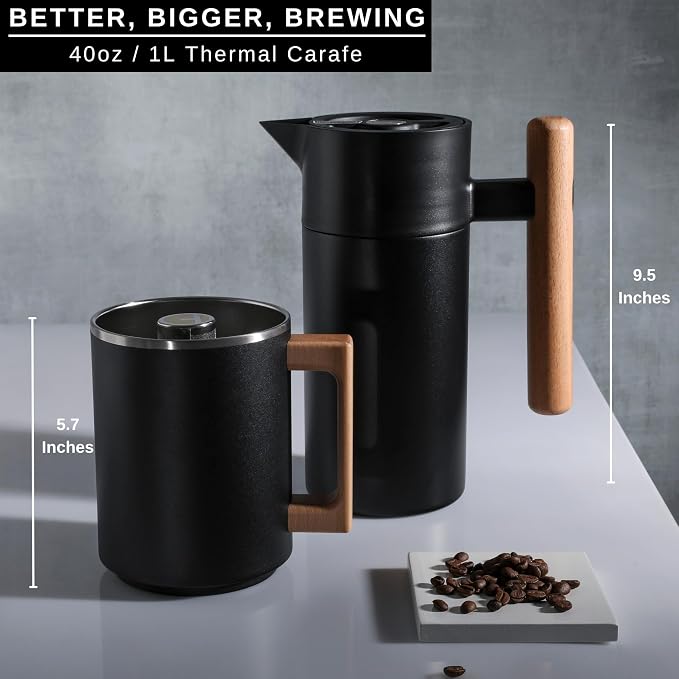 HASTINGS 40 Oz Pour Over Coffee Maker Set with Double Layer Reusable Stainless Steel Filter 8-Cup and Wood Handle - Dual Wall Heat Resistant Drip Coffee Brewer, Pour Over Coffee Dripper Carafe, Black