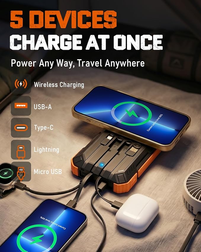 Solar Charger Power Bank - 49800mAh Solar Phone Charger with USB-C in/Output, QC 3.0 Fast Charging with LED Flashlight, Built-in 4 Cables, IP65 Waterproof Fits for Outdoor (Orange)