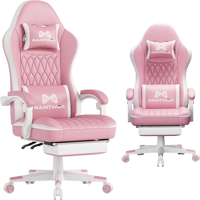 Gamtimer Gaming Chair with Footrest, Ergonomic Computer Chair, PU Breathable Material with Headrest and Lumbar Support, Suitable for Silla Gamer and Adults(Pink)