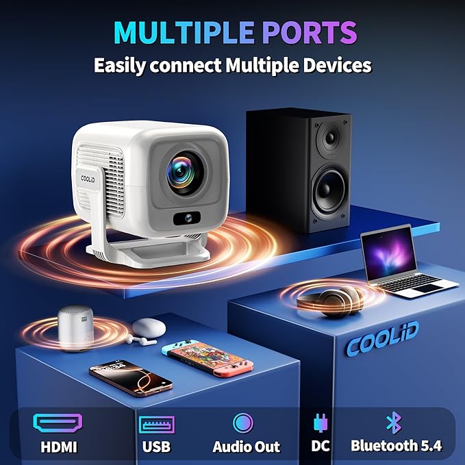 [Auto Focus & 2026 Upgraded] Mini Projector 1080P FHD Support 4K Portable Projector with WiFi6 and Bluetooth5.4 Built-in App 180° Adjustable Auto Keystone, Compatible with HDMI/Laptop/USB, White