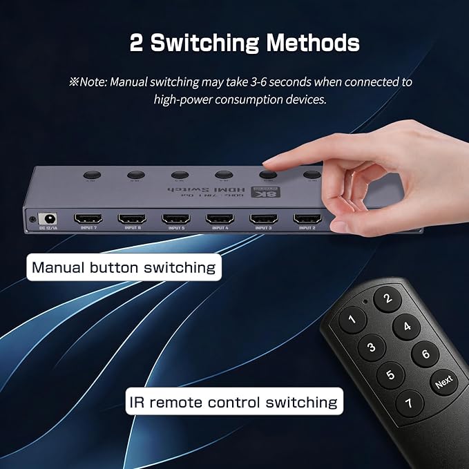 2026 Upgrade 8K HDMI 2.1 Switch, HDMI 2.1 Switcher 7 In 1 Out Supports CEC 8K@60Hz, 4K@240Hz, 1080P@480Hz HDCP 2.3 HDR Dolby Atmos VRR Compatible with PS5 Xbox Blu-Ray Player with IR remote controller