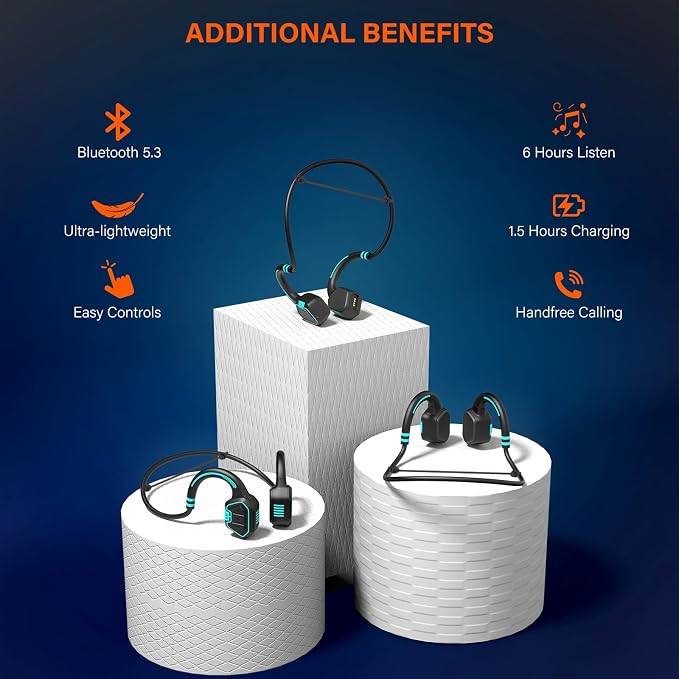 Bone Conduction Headphones Swimming Headphone - IP68 Waterproof Open Ear Headphones with MP3 Play 32G Memory Inductive Wireless Bluetooth Sports Headset for Running Swimming (Blue)