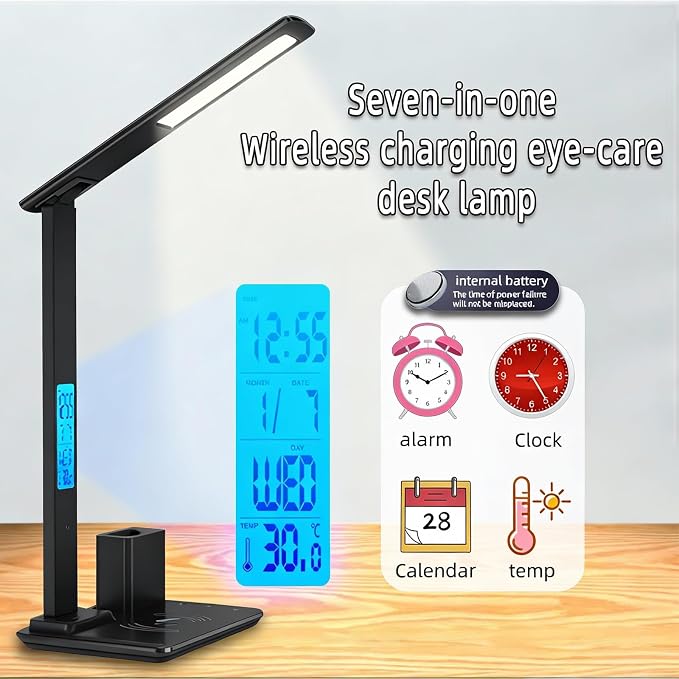 Multifunctional Wireless Charging Bedside Lamp with Digital Display,15W Fast Charger&Alarm Clock,Dimmable Touch Control,Multi-Angle Adjustable Desk Lamp for Home and Office,HYT1771 Black.