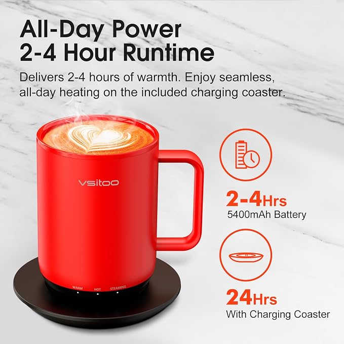 VSITOO S3 Plus 14oz Self Heating Coffee Mug with Auto-Sensing AI - Smart Rechargeable Heated Mug, Temperature Control 120-150℉, IPX7 Waterproof, Coffee Warmer Gift for Women Men- Red