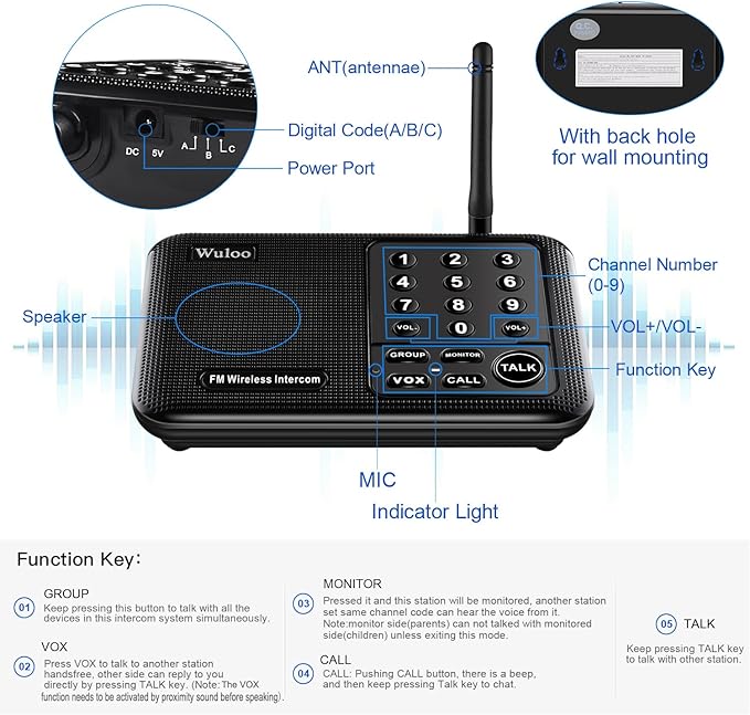Expandable for Wuloo Intercoms Wireless for Home 5280ft Range 10 Channel 3 Code (Only 1 Unit for Expandable The Original intercom System, CAN NOT Work Without Other Units)