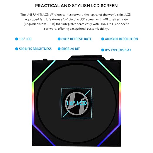 Lian Li UNI Fan TL LCD Wireless 120-Single Pack (Reverse Blade)-2.4 GHz Wireless Signal ARGB Fan-Infinity Mirror-Daisy-Chain-Syncing Lighting-Controller NOT Included & Required - Black (12RTLLCD1W1B)