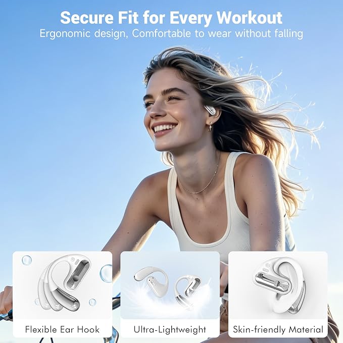 Open Ear Headphones, Bluetooth 5.4 Wireless Earbuds with Ear Hooks, 60H Playtime, AI Clear Call, LED Display Charging Case, IPX7 Waterproof Sports Earphones for Running Workouts Commute, White