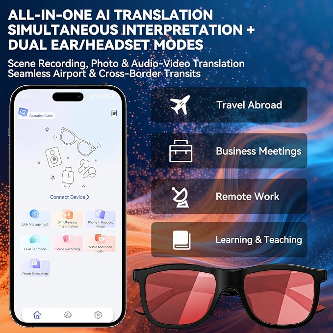 2026 Smart Audio Glasses with Electrochromic Lenses, Adjustable Tint Sunglasses for Driving,Travel,Daily Use,Open Ear Bluetooth 5.4, AI Translation, Premium Tech Gadget Gift for Men Women
