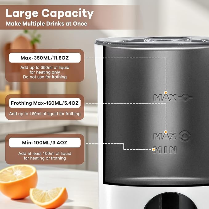 4-in-1 Electric Milk Frother, 350ml/11.8oz Automatic Milk Steamer Machine for Coffee, Hot & Cold Milk Froth Maker for Latte, Cappuccino, Quiet One-Touch Operation, Easy to Clean (White)