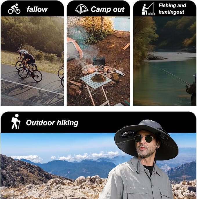 Solar Fan Hat,Wide Brim Solar Fan for Men Women, Mens Sun Hat with 2 Fan, Waterproof Outdoor Hiking Camping Fishing Hat Black