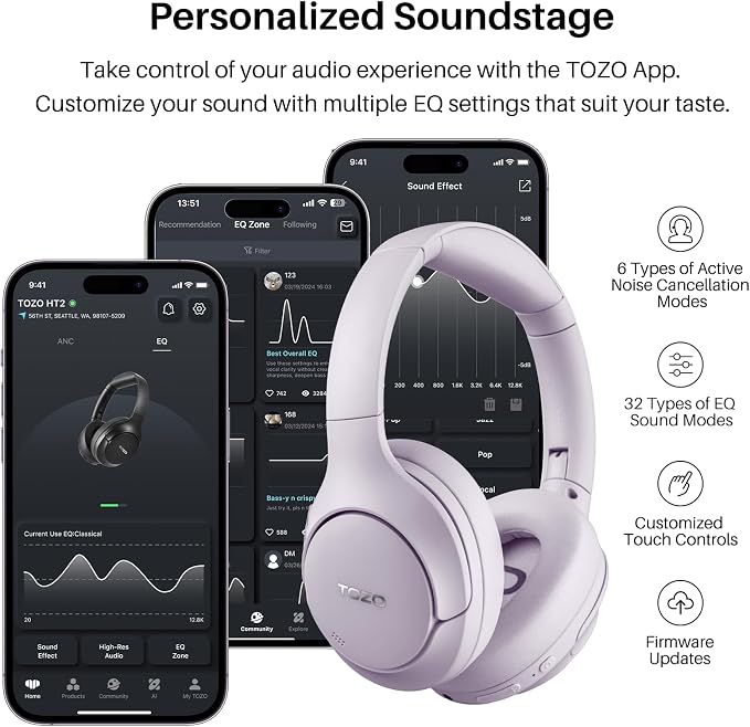 TOZO Hybrid Active Noise Cancelling Headphones, Wireless Over Ear Bluetooth Headset, 60H Playtime, Hi-Res Audio Custom EQ via App Deep Bass Comfort Fit Ear Cups, for Home Office Travel Purple