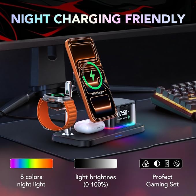 Alarm Clock with Wireless Charging,7 in 1 Charging Station with Night Light,Bluetooth Speakers,Qi2 25W Magnetic Charger for iPhone 17 16 15 14 13 12 Pro Max Plus Apple Watch Airpods,Bedroom