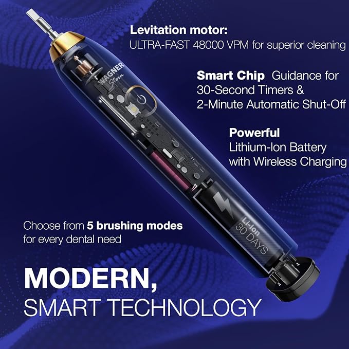 Wagner Stern The Sapphire Blue Edition ultrasonic whitening Electric Toothbrush Features Five Brushing Modes, Eight Soft Brush Heads, and a Premium Travel case.