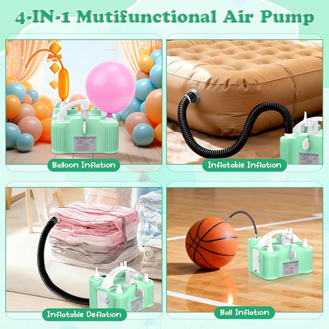 Electric Balloon Pump 4-in-1 Air Pump Portable Electric Balloon Blower Machine Dual Nozzle Quick-Fill 110V AC Inflator Deflator for Balloons Pool Floats Air Mattress Inflatables