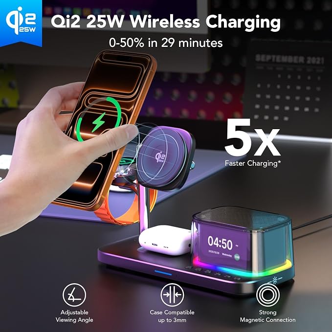 Alarm Clock with Wireless Charging,7 in 1 Charging Station with Night Light,Bluetooth Speakers,Qi2 25W Magnetic Charger for iPhone 17 16 15 14 13 12 Pro Max Plus Apple Watch Airpods,Bedroom