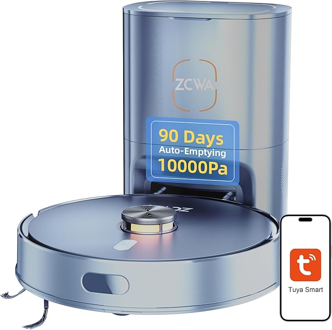 ZCWA Robot Vacuum and Mop Combo, 10000Pa Max Suction, Robotic Vacuum with LiDAR Navigation Smart Mapping, 90 Day Self-Emptying, 160 Min Runtime, 3.5L Dust Bin, Ideal for Hard Floor