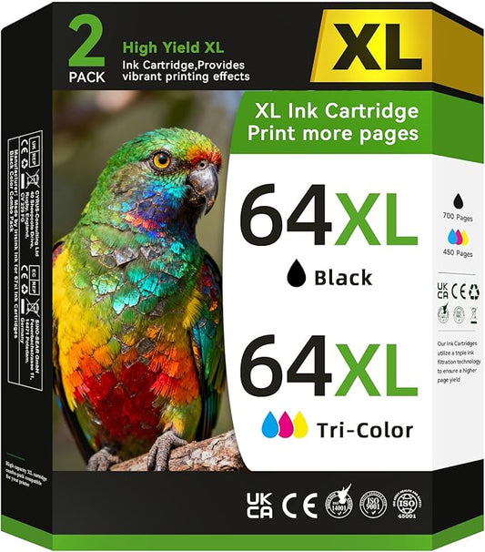 64 Ink Cartridges Black/Color Combo Pack Compatible for HP Ink 64 64XL Black and Color Ink Cartridge for Printers Fit for HP Envy Inspire 7955e 7900e 7255e 7220e Envy Photo 7855 7155 7858 Tango X Ink
