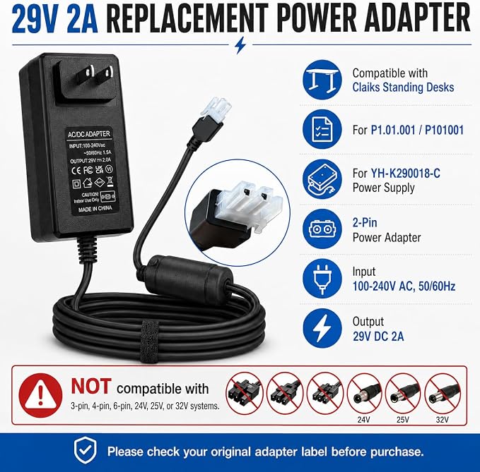 29V 2A Standing Desk Power Cord, 2-Pin Power Supply Adapter Compatible with Claiks P1.01.001/P101001 40/48/55/63 Inch Electric Desk, YH-K290018-C Charger Replacement
