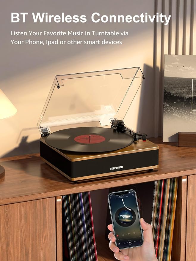 Vinyl Record Player Bluetooth Turntable with Built in Stereo Speakers Belt Drive 3 Speeds Vintage Turntables for Vinyl Records Support RCA Output, Aux in, Auto Stop, Light Walnut