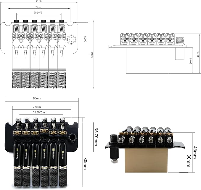 10.5mm Headless Electric Guitar Bridge Brass Block Saddle Hardened Steel Plate 2 point tremolo bridge for 6 String Headless Electric Guitar Replacement parts（Black Tailpiece Nut）