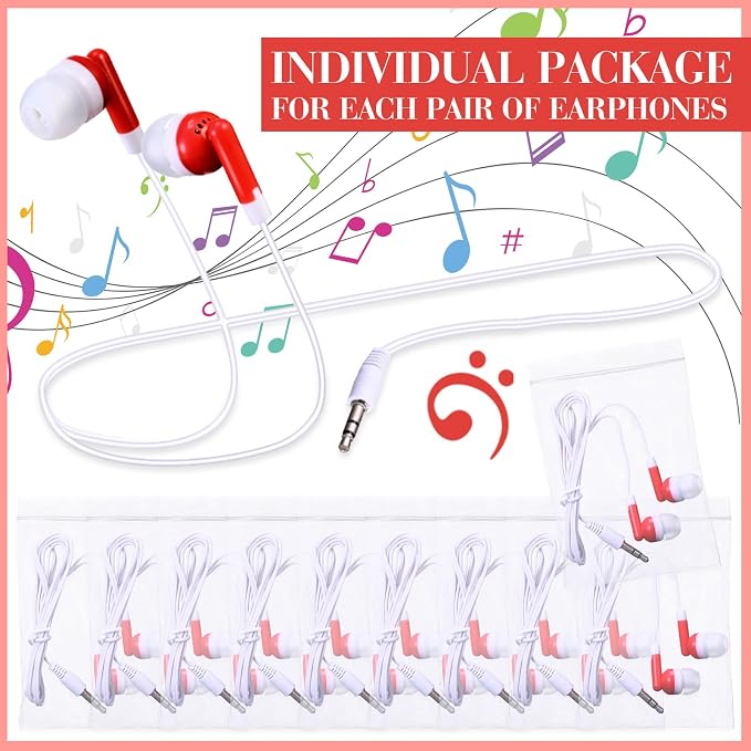 Konohan 100 Pcs Bulk Earbuds with Wire Basic Headphones in Ear for Libraries Laptop, No Microphone 3.5 mm Jack Earbuds Dot Headphones, Individually Bagged (Red)