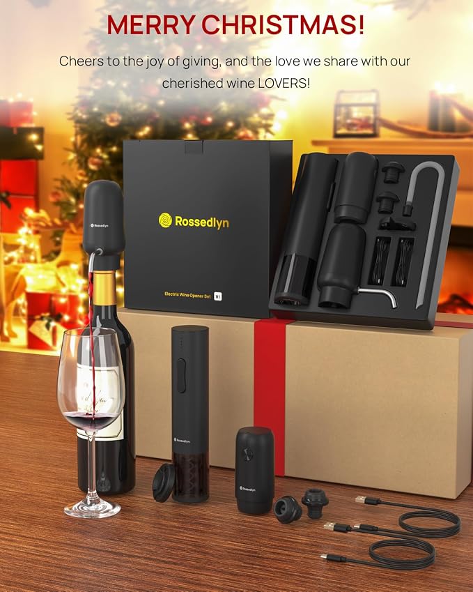 Rechargeable Electric Wine Opener Gift Set - Aerator, Bottle Opener, Foil Cutter, Wine Vacuum Pump and Stoppers for Home Bar Outdoor Party