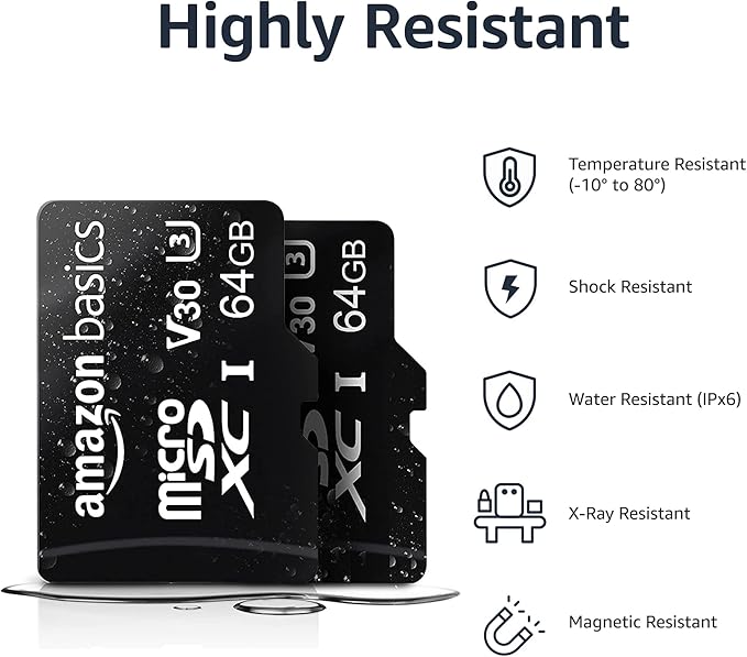 Amazon Basics microSDXC Memory Card with Full Size Adapter, A2, U3, Read Speed up to 100 MB/s, 64GB, Black (2pack)