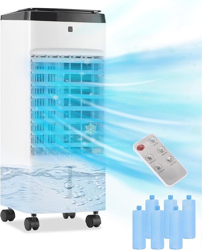 Uthfy 3 IN 1 Swamp Cooler, Portable Air Conditioner with Detachable Water Tank, 6 Ice Packs, 12H Timer, 120° Oscillation, Remote, 3 Speeds, 4 Modes, Evaporative Cooler for Bedroom, Office