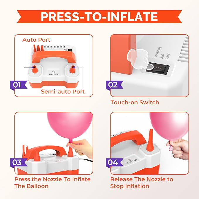 ETENWOLF Electric Balloon Pump for All Balloons 110V 600W Balloon Blower for Party Metalic Latex 260q Foil Balloons, Balloon Inflator for Birthday Decorations
