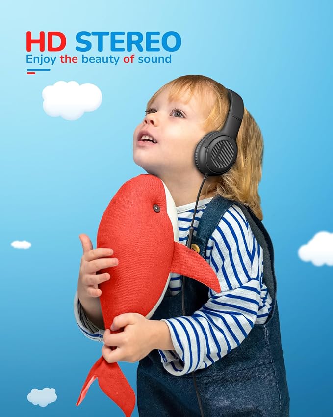 awatrue Kids Headphones for School Travel, 85/94dB Safe Volume Limit, 3.5mm Jack, HD Mic, Portable Wired Headphone with Shareport, Stereo Sound On-Ear Headphones for Toddler Kids Girls Boys Black