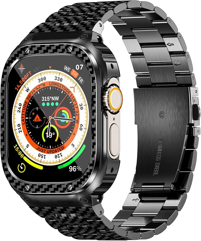 MioHHR Stainless Steel Band and Case Compatible with Apple Watch Band 49mm, Men Metal Protective Bumper Cover for iWatch Series Ultra 3/2/1, Black Pattern
