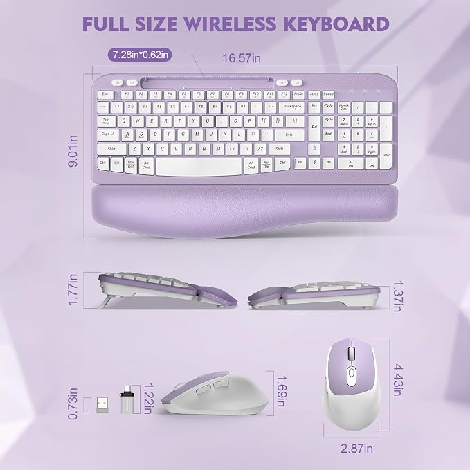 Wireless Keyboard and Mouse Combo, Full-Sized Ergonomic Wave Keys Keyboard with Memory Foam Wrist Rest & Phone Holder, 2.4G Quiet Keyboard Mouse Work Setup for PC Laptop, Office or Home (Purple)