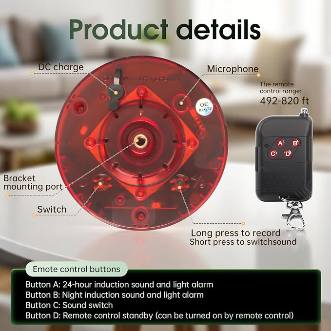 Solar Outdoor Motion Sensor Alarm, 130dB Dog Barking & Gunshot Sound, 13 Sounds, Strobe Light, Support Recording & Volume Control, Keeps Unwanted Animals Away from Yard, Garden, or Farm