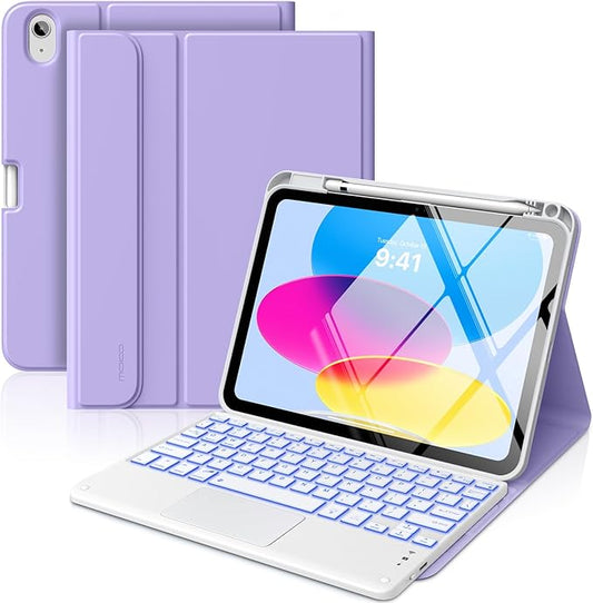 MoKo Touch Keyboard Case for iPad (A16) 11th Generation 11 inch 2025, iPad 10th Generation 10.9 inch Case with Pencil Holder, 7 Colors Backlit Multi-TrackPad Detachable Bluetooth Keyboard, Lilac