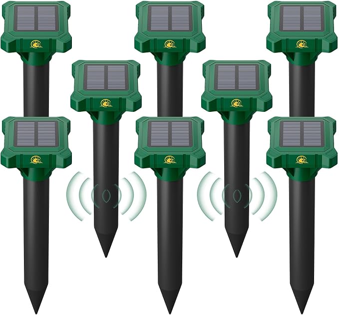 8 Pack Mole Repellent Solar Powered, IP65 Waterproof Gopher Chipmunk Repeller Outdoor, Groundhog Snake Repellent for Yard, Sonic Mole and Vole Deterrent Spikes, Effective Lawn and Garden Protection
